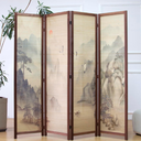 4 Panel Bamboo Room Divider, 5.6 ft Tall Double-Sided Folding Privacy Screen, Premium Thickened Wood Frame with Mountains and Waters Landscape for Home Office (67" H x 63" W)