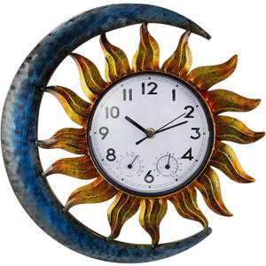 shumi Sun and Moon Outdoor Clock, Decorative Wall Clock for Patio Living Room,Silent Non-Ticking Outdoor Clock Thermometer Combo