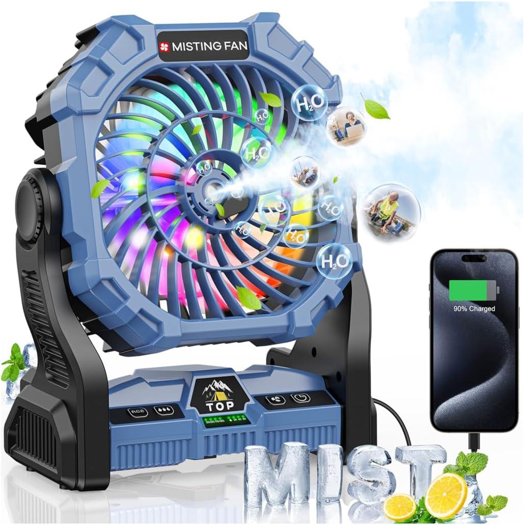 Misting Fan Portable with RGB Lantern, 30000 mAh Rechargeable Camping Mist Fan with Emergency Battery Power Bank Hurricane Supplies, Perfect Cooling Mister for Outdoor Travel, Blue