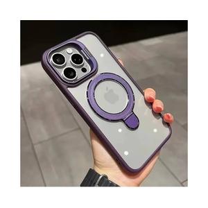 Luxury Ring Magnetic Glass Lens Stand Phone Case for iPhone 16 11 13 14 12 15 Pro Max 16 Plus Clear Protect Cover(for iPhone 14Promax/Dark Purple)