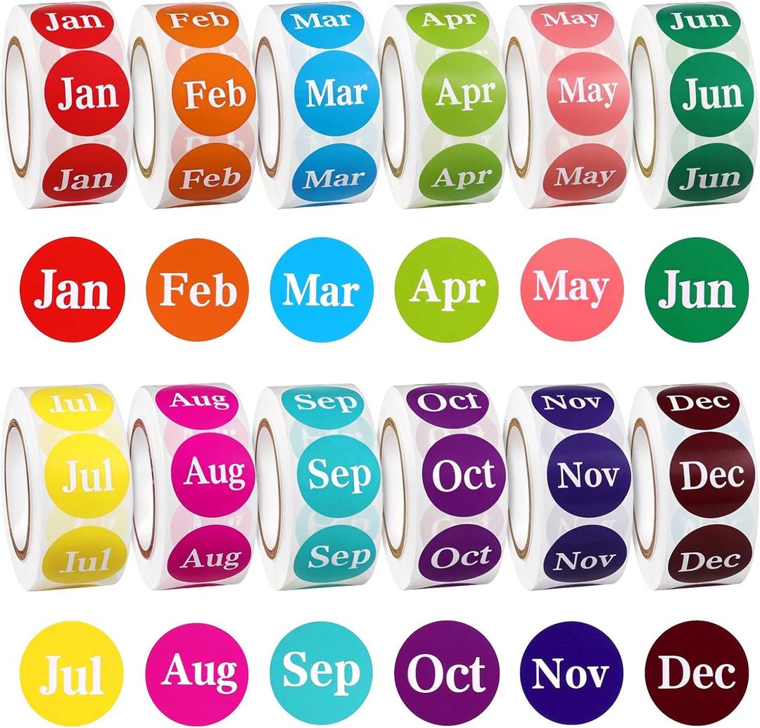 KALIONE 6000 Labels Month Stickers, 12 Rolls 1 Inch Round, 12 Months of The Year, Expiration Date, Food Labels