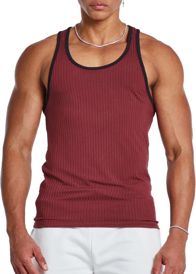 MIZOK Mens Gym Workout Sleeveless Tank Top Color Block Muscle Racerback Athletic Tops Ribbed Knit Shirt (XX-Large, Red)