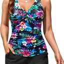 Women Colorful Floral Tankini Swimsuit with Shorts - Two Piece Tummy Control Bathing Suit Twist Knot Swimwear 2025 with Pockets L