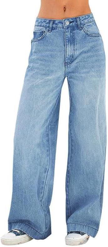 EMMIOL Women's 2026 Wide Leg Jeans Distress Mid Waist Denim Pants Vintage Y2K Trousers (X-Large, Light Blue)