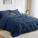 CozyLux Full Size Comforter Sets Navy Blue, 7 Pieces Pintuck Bed in A Bag Blue Comforter Full Size, Pinch Pleat Bedding Sets with All Season Comforter, Flat Sheet, Fitted Sheet, Pillowcases & Shams