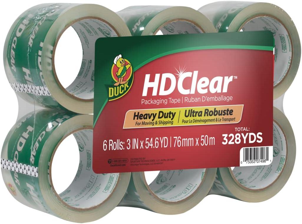 Duck HD Clear Extra Wide Packing Tape - 6 Rolls of Heavy Duty Shipping and Moving Packing Tape  Clear Strong Packaging Tape for Boxes, Packing and Moving Supplies - 3 In. x 54.6 Yards (307352)