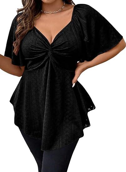 Eytino Womens Plus Size Tops Twist Front V Neck Short Sleeve Eyelet Embroidery Summer Loose Blouse Shirts XL, Black