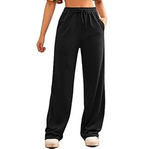 FACDIBY Wide Leg Sweatpants for Women Elastic High Waisted Drawstring Loose Pants with Pockets, Black, S