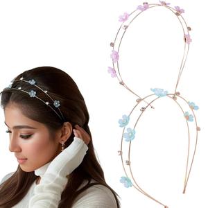 2 Pcs Metal Flower Headbands for Women, Thin Non-Slip Hairbands with Rhinestones and Pearls, Elegant Bridal Hair Accessories for Women Girls