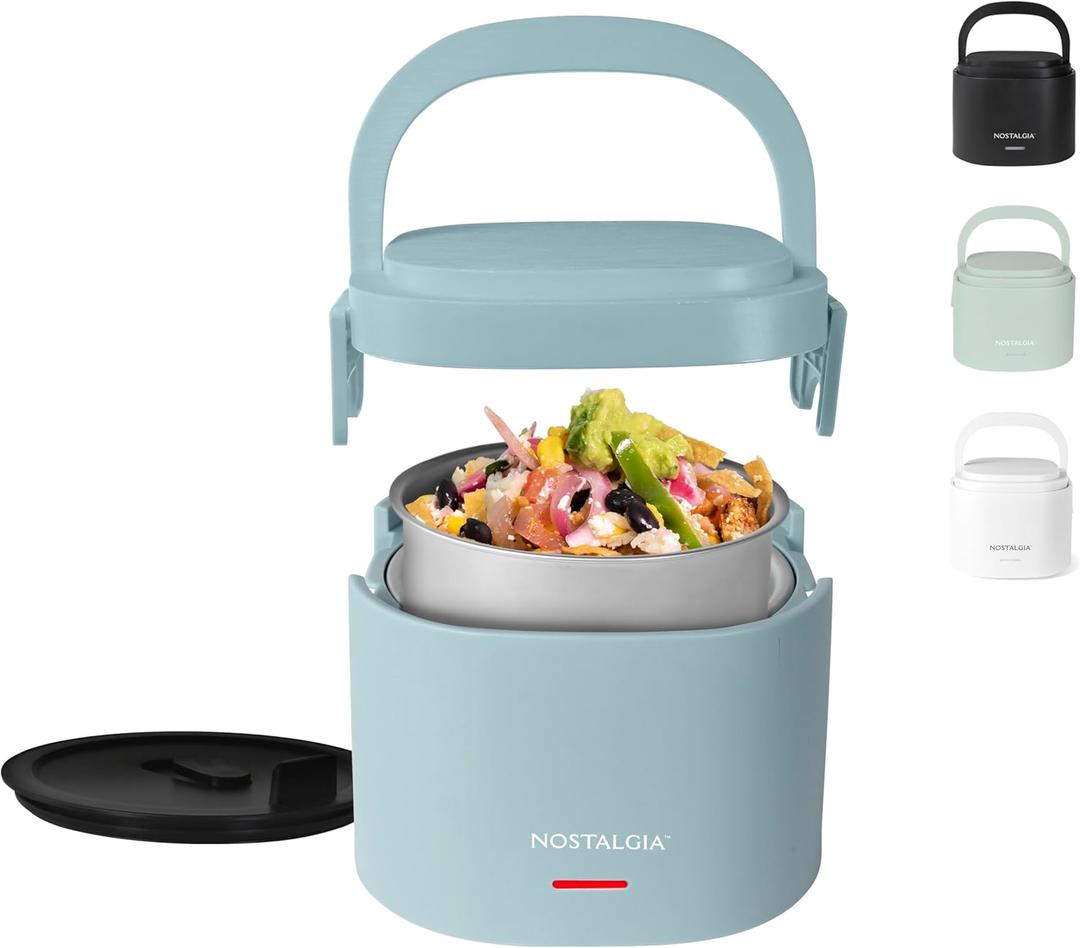 Nostalgia Portable Heated Lunch Box 2.5-Cup Stainless Steel Food Warmer Detachable Cord, Leak-Proof Lid, Carry Handle Portable for Work & Travel Chambray