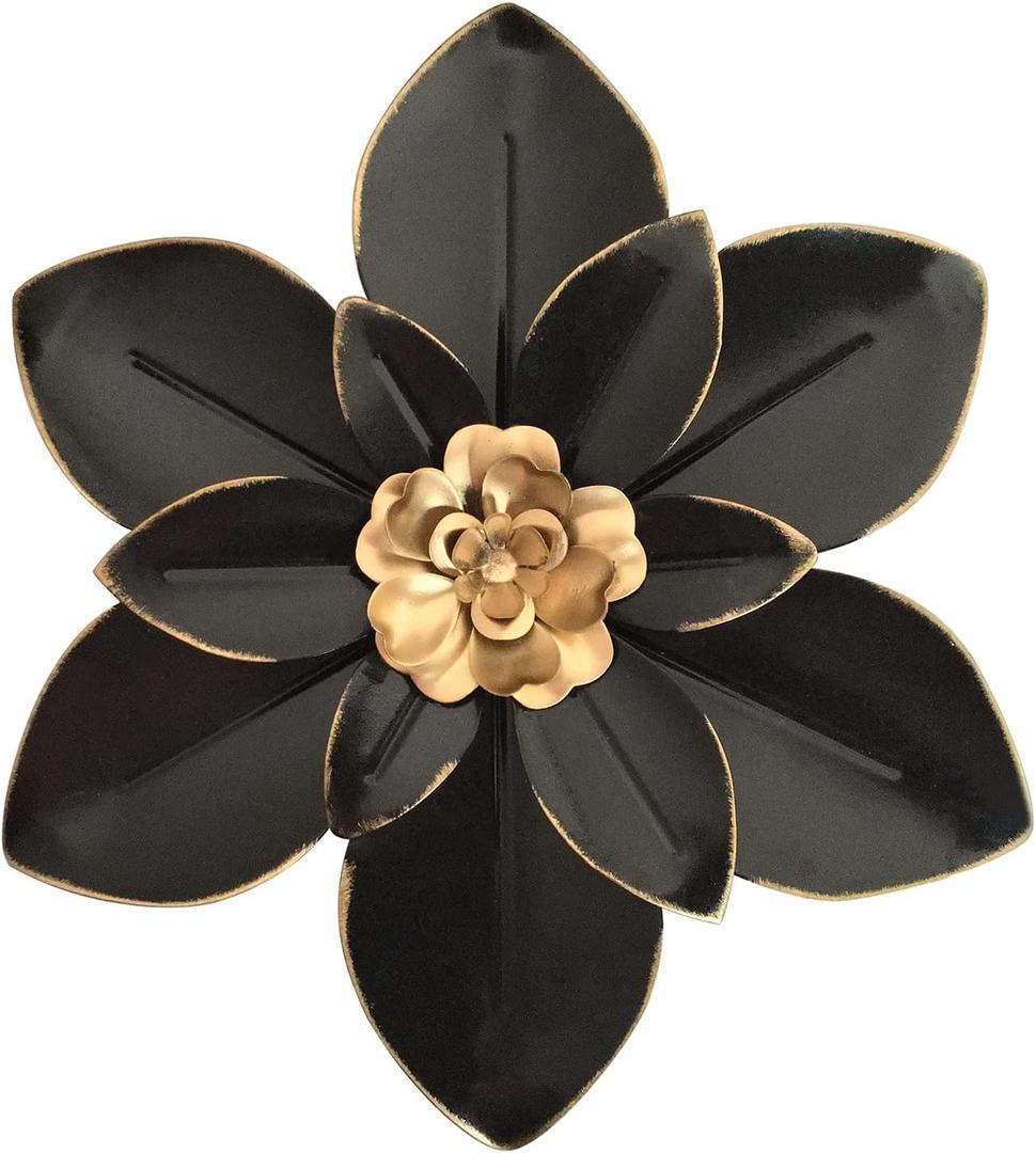 Metal Flower Wall Art Decor, 10 Rustic Modern Floral Sculpture, Distressed Iron Wall Hanging Home Decoration Accent Artworks for Indoor Kitchen Bedroom Living Room Office Outdoor Garden Patio (34B-Black)