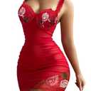 Foxiny Sexy Mini Floral Embroidery Ruched Bodycon Mesh Sheer Babydoll Lingerie Dress Set with Thong 2 Piece Outfits Women Short See Through Negligee Nighty SleepWear Underwire Red Large