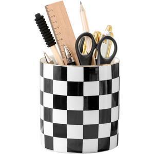 Ceramic Checkered Pen Holder For Desk Cute Stand Gold Line Pencil Cup Pot Desk Organizer, Office Desktop Decor, Makeup Brush Holder for Girls,Women (Black-white)