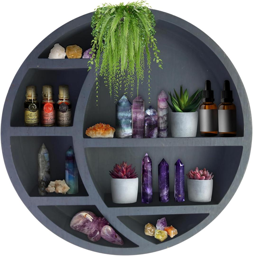 Wooden Crescent Moon Shelf Wall Decor - Decorative Boho Home Hanging Display Shelf for Bedroom, Dorm, Nursery - Easy Mount Storage for Crystals and Essential Oils - 14 x 14 x 3.5 (Navy)