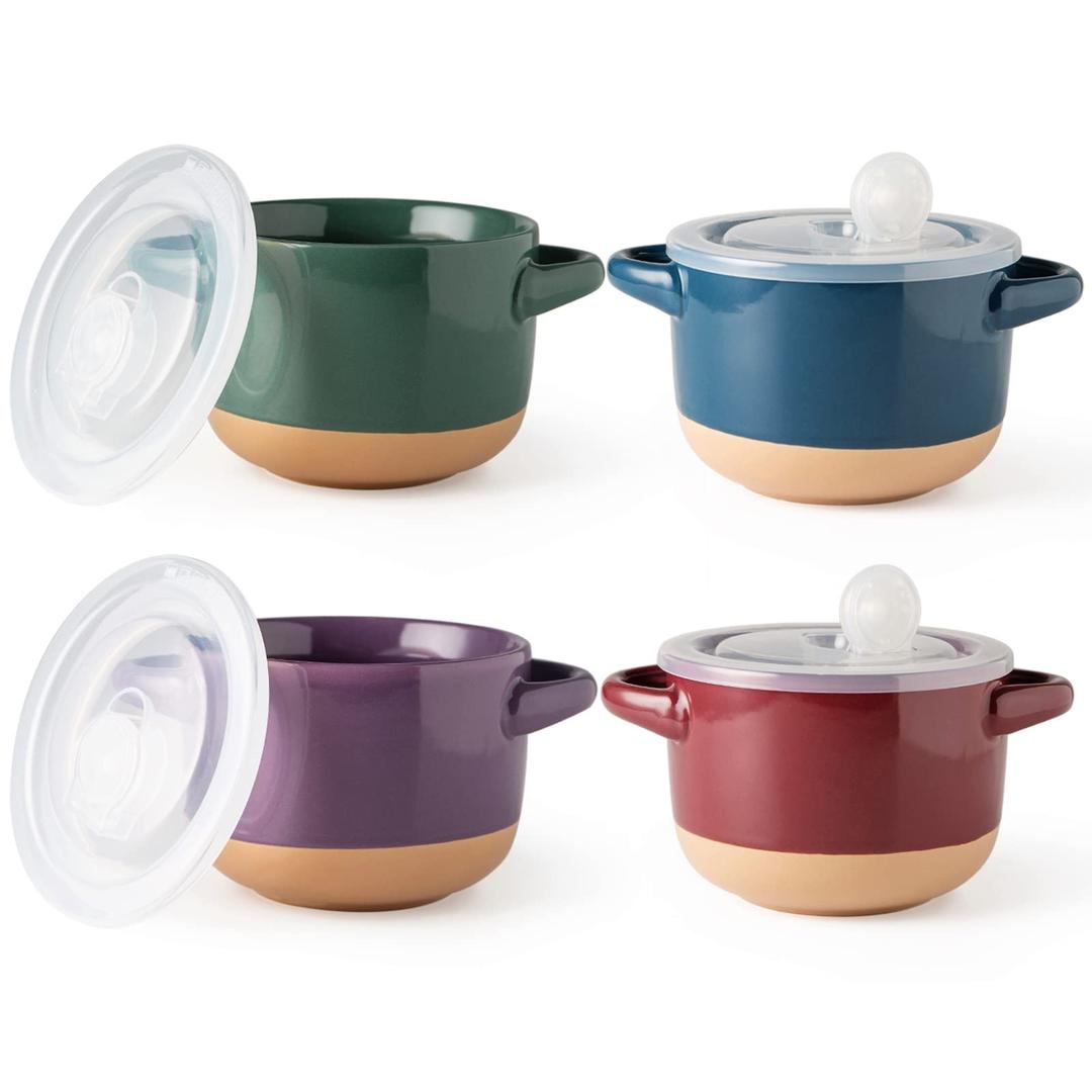 AmorArc 24 Ounces Soup Bowls with Large Handles and Lids, Stoneware Bowls Set of 4 for Soup, Cereal, Stew, Noodle, Colourful Ceramic Kitchen Bowls, Microwave&Dishwasher Safe, Multicolor