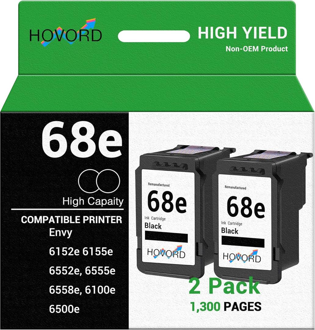 Ink Cartridge 68E Replacement for HP 68e High Capacity 68 Black Work with Envy 6152e 6155e 6552e 6555e 6558e Printer 6100e 6500e Printer 2-Pack