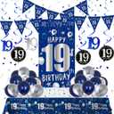 19th Birthday Decorations for Boys Men Girls, Blue Silver Happy 19th Birthday Decorations Boy with Bday Backdrop Banner Balloons Tablecloth Hanging Swirls Triangle Flag - 19 Year Old Party Supplies