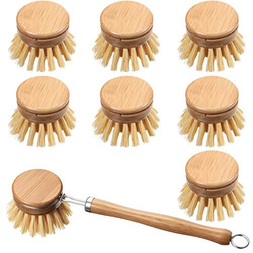 Patelai 7 Pieces Wooden Kitchen Dish Brush Include Bamboo Scrub Cleaning Brush and Replacement Heads Dish Scrubber for Kitchen Room Cleaning Supplies