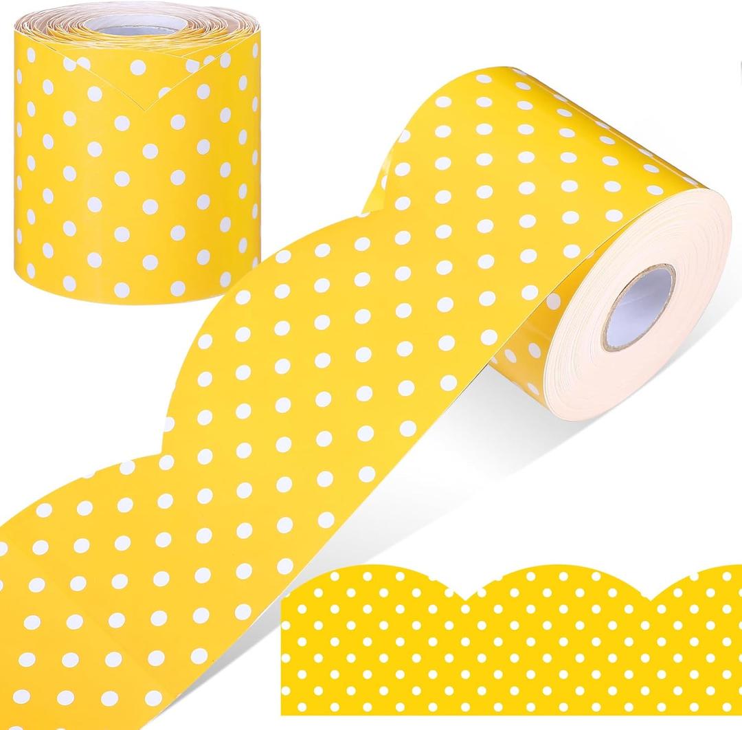 Zonon 65 Feet Polka Dot Bulletin Board Borders Decorative Polka Dot Border Classroom Decoration Scalloped Rolled Border Trim for Bulletin Boards Office Back to School Decor(Yellow with White Dots)