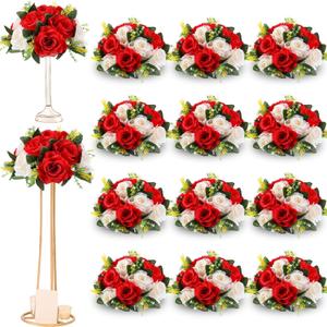 Hotop 12 Pcs Flower Balls Wedding Rose Centerpieces Silk Flower Kissing Balls Arrangement Artificial Hydrangea Flower Bouquet Faux Rose Floral Decoration (Red,White)