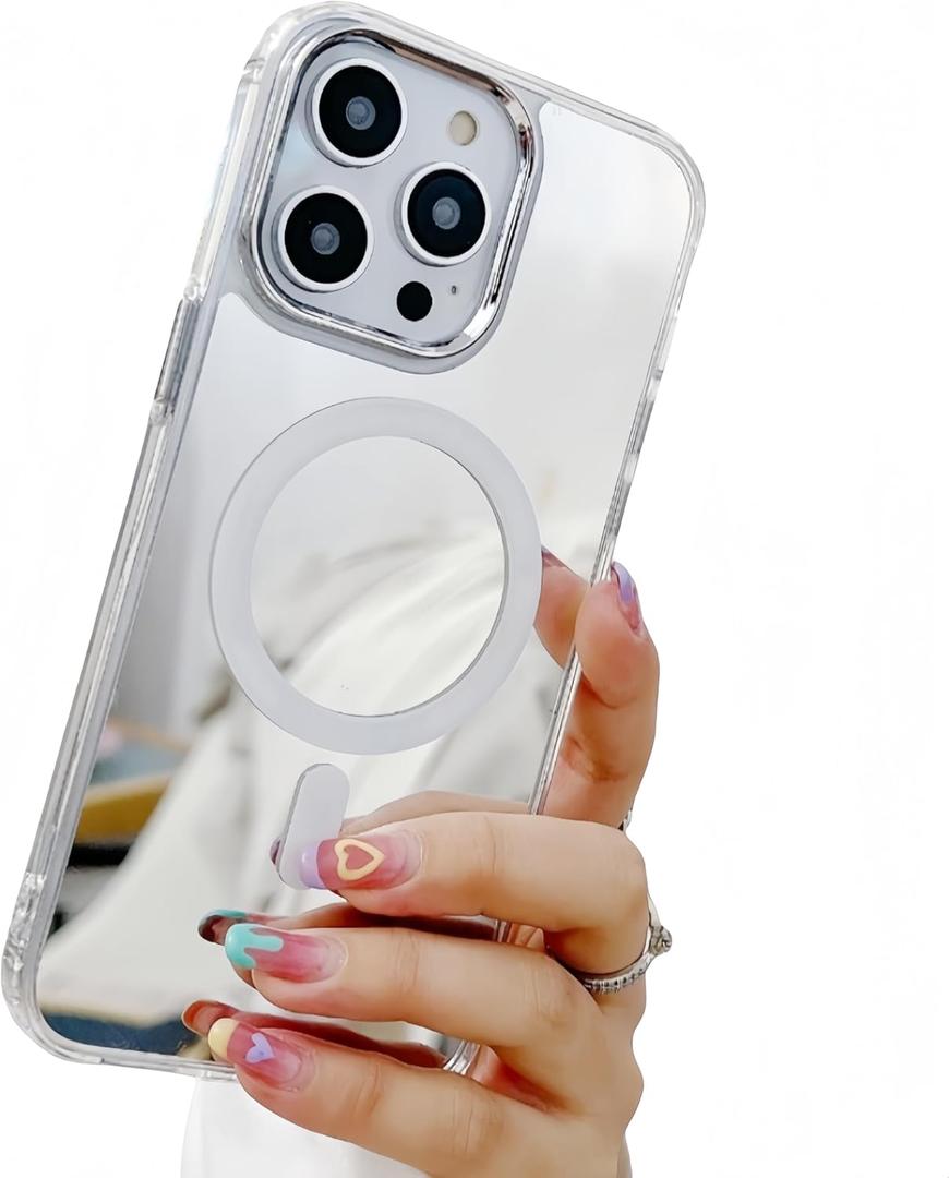 YTanazing Mirror Magnetic Case for iPhone 13 Pro Max [Compatible with MagSafe] Cute Glass Glossy Mirror Back Case for Women Girls Makeup Cover with Clear Soft TPU Bumper Slim Frame Phone Case