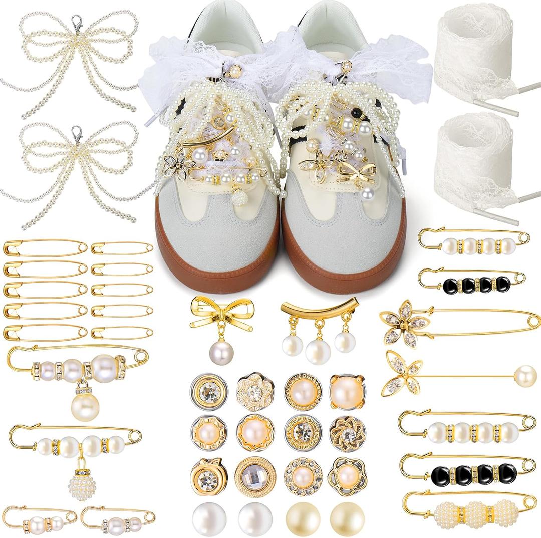 AIERSA Shoes Charms for Sneakers Socks, 43pcs Pearl Shoe Lace Charms Jewelry, Junk Socks Pins, Stylish Decoration for Women, Brooch Pins Buttons for Clothes, Hats Decorations