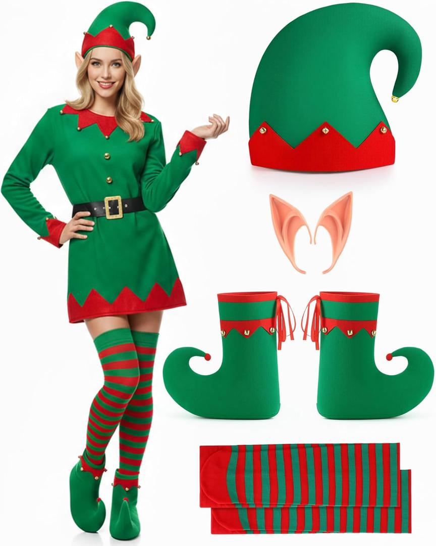 Shinymoon Christmas Elf Costume Set Accessories Elf Hat Shoes Covers Socks Ears for Women Men Adults Xmas Cosplay Party Red, Green