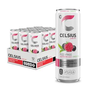 CELSIUS Raspberry Acai Green Tea, Functional Essential Energy Drink 12 Fl Oz (Pack of 12) Packaging may vary, Best By 05, 2025
