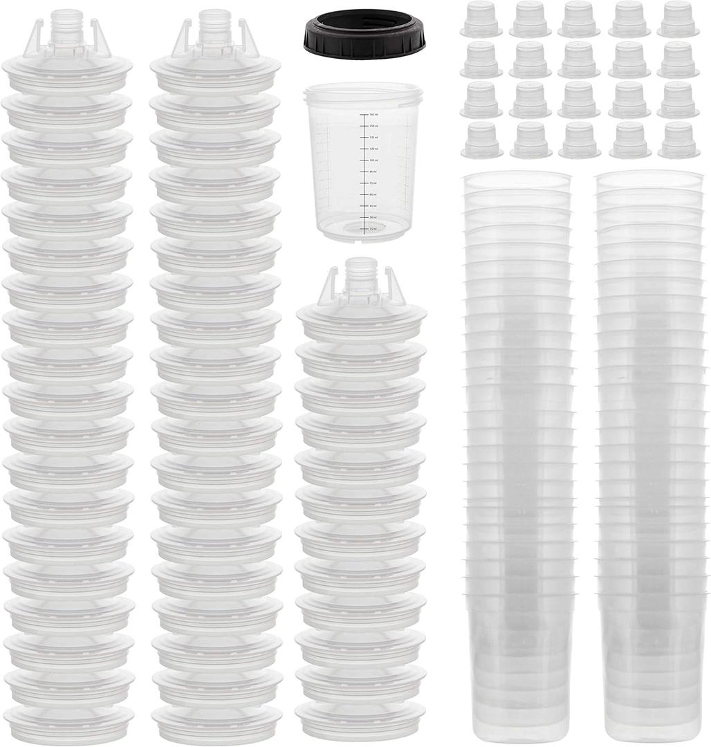 Master Paint System MPS Disposable Paint Spray Gun Cup Liners and Lid System, 50 Pack Mini Size 6 Ounce (180ml) Kit - 50 Cup Liners, 50 Lids with Strainer