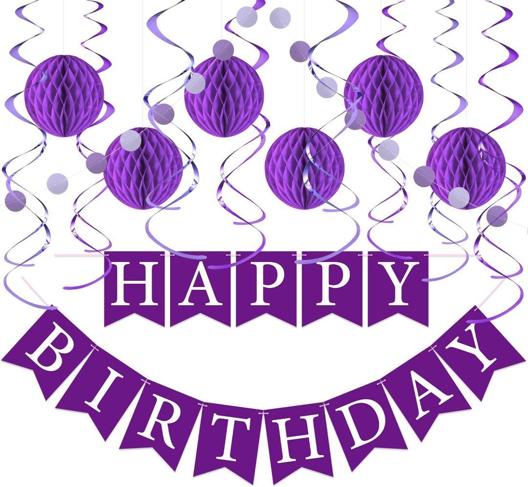 Purple Birthday Decorations Kit - 16-Piece Set with Pre-Strung Happy Birthday Banner, Honeycomb Balls, Garland & Swirls | Purple Theme Party Supplies for Women Girls Kids, Teens Adults