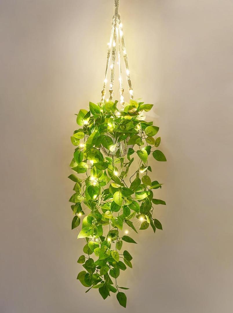 Mkono Fake Hanging Plant with Lights, Artificial Plants for Home Decor Indoor Macrame Plant Hanger with Fake Vines Greenery for Bedroom Bathroom Kitchen Office Decor (1)