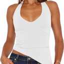 Floral Find Womens Sexy Sleeveless V-Neck Halter Top Backless Slim Fitted Summer Crop Tee Basic Cami Shirt, White, Large (White, L)