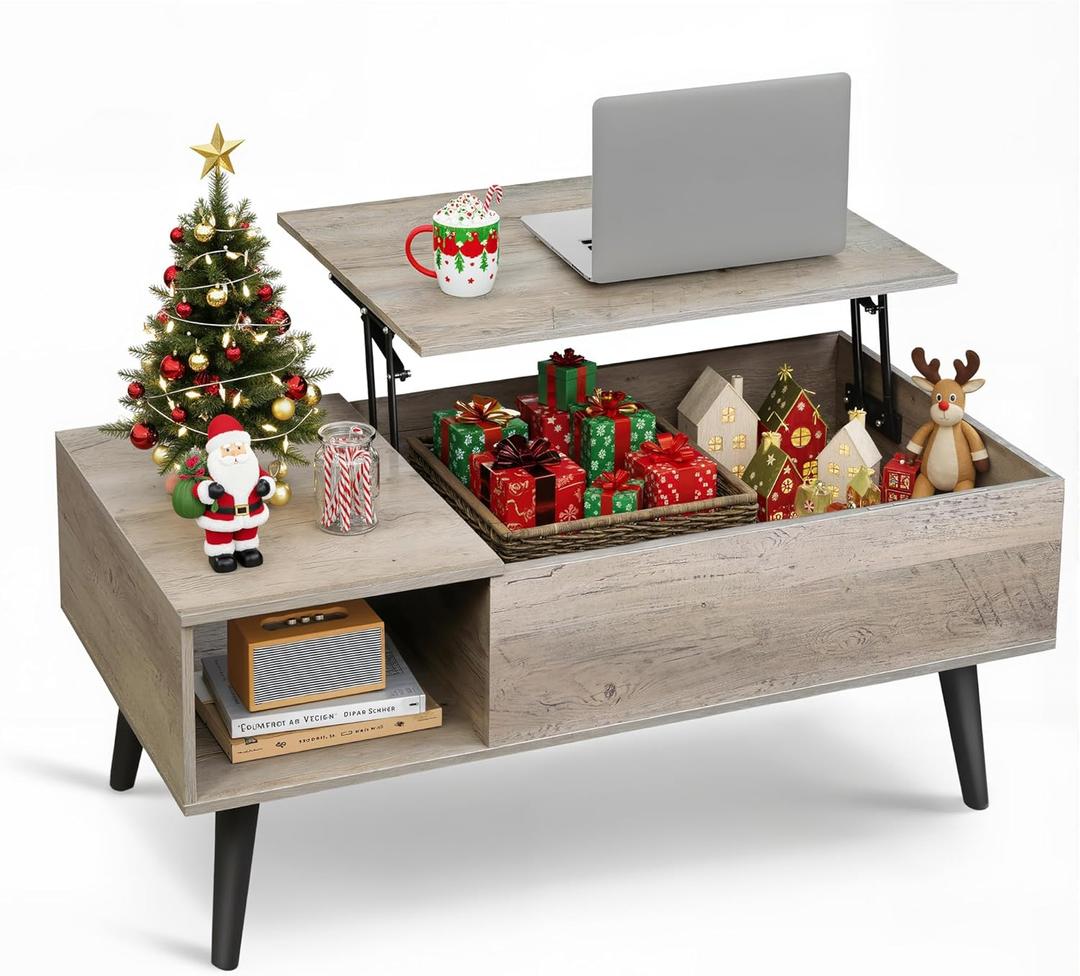WLIVE Coffee Table for Living Room, Lift Top Coffee Table with Storage, Small Rising Wooden Dining Center Table with Storage Shelf & Hidden Compartment, 39" Greige