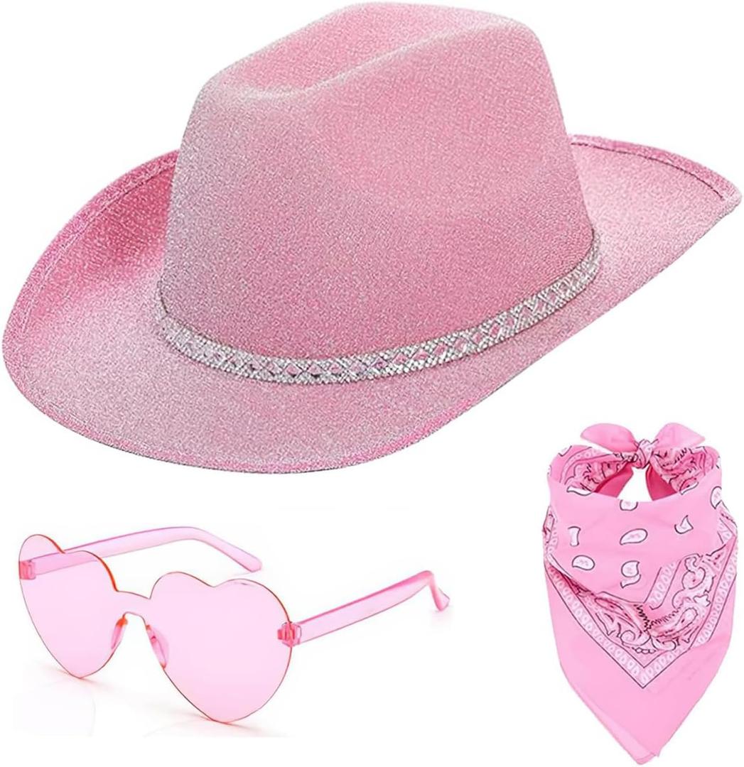 DAJOOEE Cowgirl Hat with Heart Sunglasses Glitter Cowboy Hat for Women Cosplay Bachelor Party Costume Hats (Pink)
