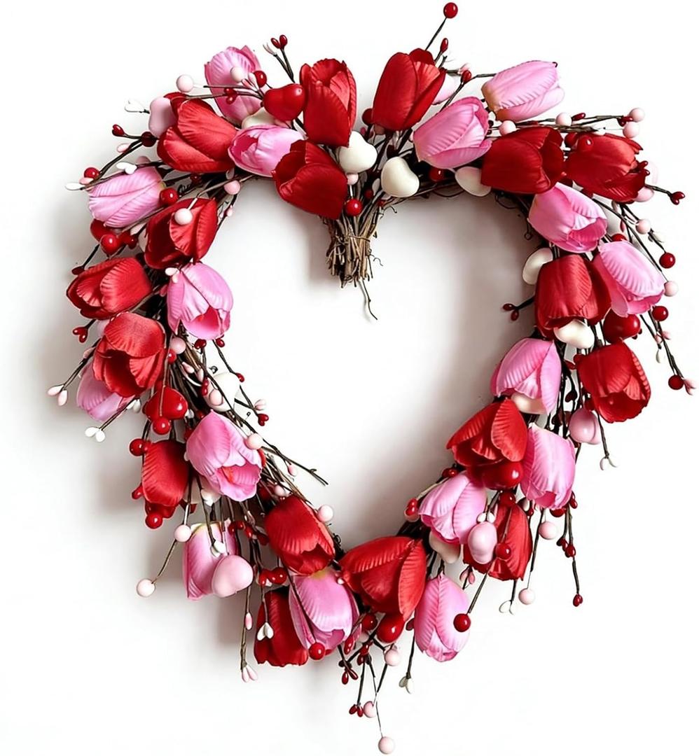 Valentine's Day Wreath for Front Door 16in Valentines Day Wreaths with Roses Hearts Berries Grapevine Heart Wreath for Wall Window Indoor Home Wedding Party Festival Decor (Pink,red)