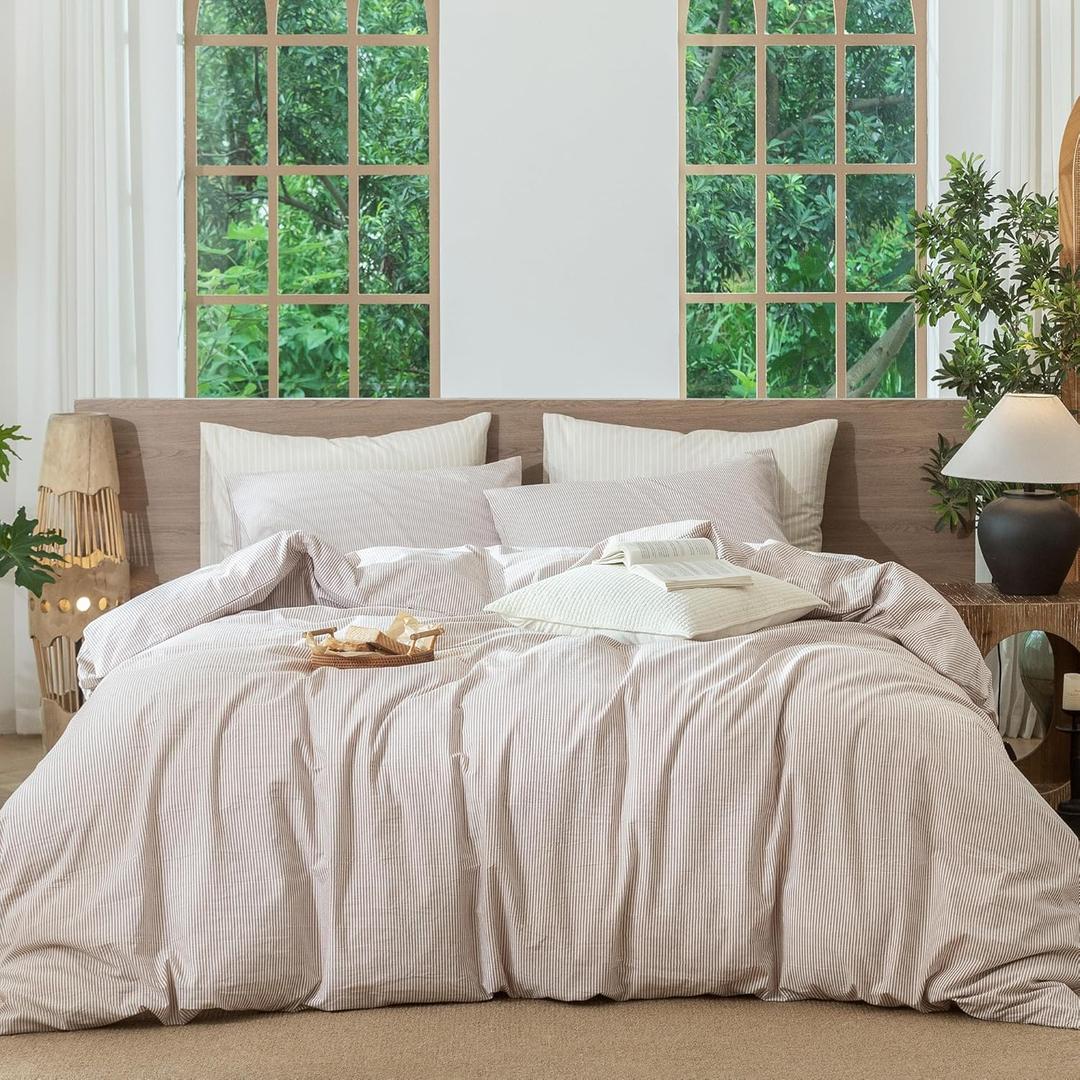 MooMee Striped Duvet Cover Set 100% Washed Cotton Linen Like Textured Breathable Durable Soft Comfy (Orange Pinstripes, Queen 90"x90")