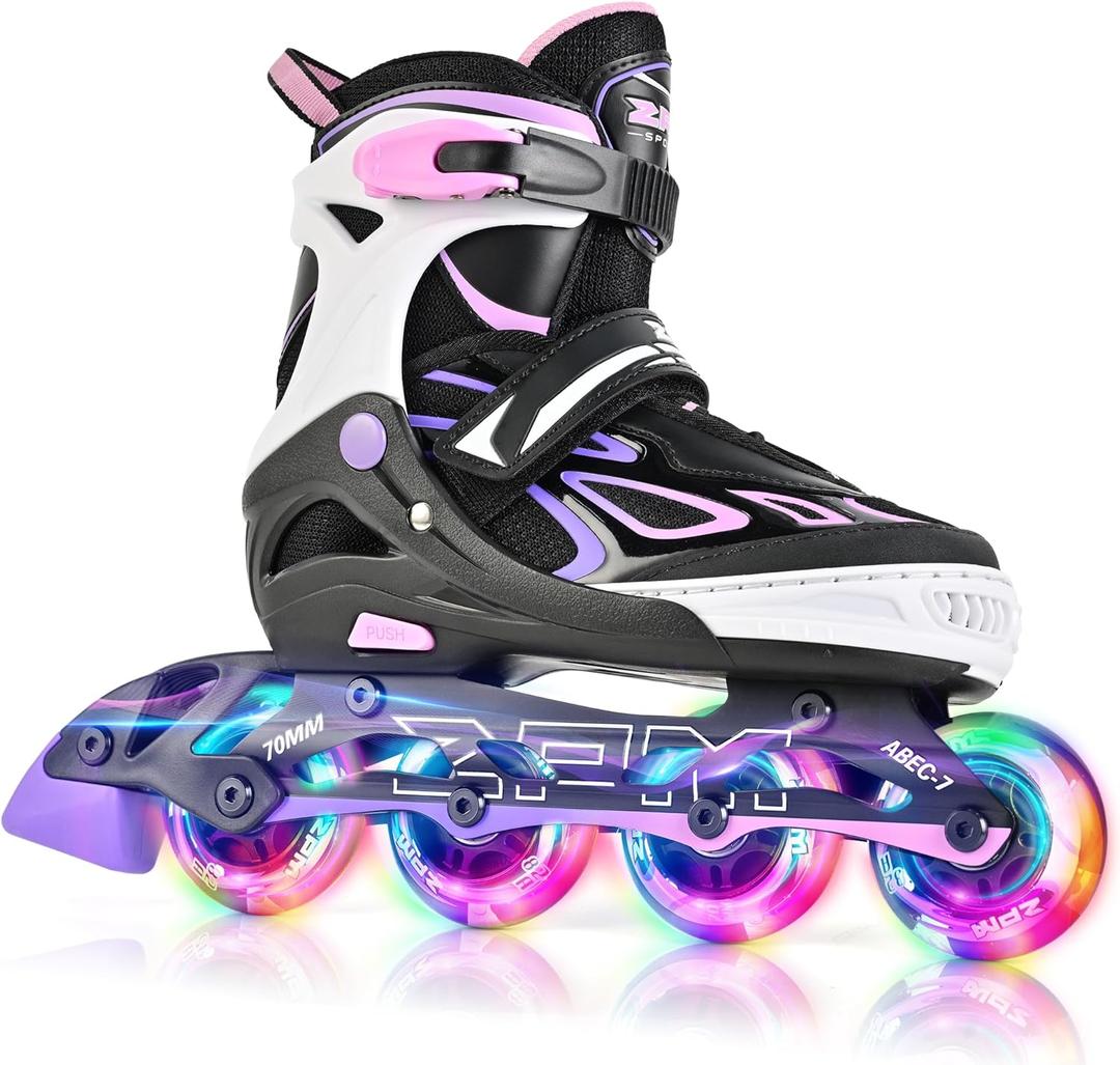 2PM SPORTS Vinal Girls Adjustable Flashing Inline Skates, All Wheels Light Up, Fun Illuminating Skates for Kids Men Adult Women and Boys (X-Large - Adult (9.5W-12W/8.5M-10.5M), Purple & Pink)