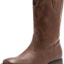 Cowboy Boots for Men Classic Embroidered Western Boots Slip Resistant Square Toe Chunky Heel Ankle Boots Durable and Fashionable Retro Short Boots (7.5, Brown)