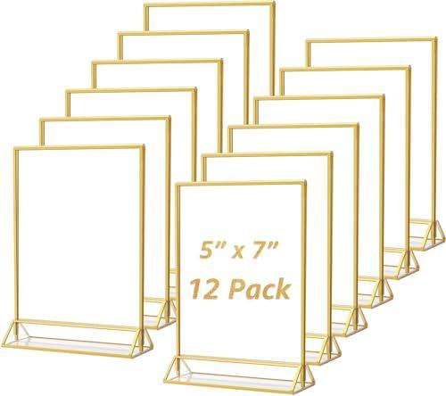 MaxGear 5x7 Gold Acrylic Sign Holder 12 Pack, Gold Table Number Holders, Mini Frames Double Sided Acrylic Picture Frames Photo Stand, Clear Menu Flyer Stand for Wedding, Home, Restaurant