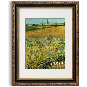 11x14 Picture Frame, Ornate Embossing Frame with Paper Mat and Real Glass, Fit for 11x14 without Mat or 8x10 with Mat, Wall Mounting Display for Art Prints, Black and Antique Gold, 1 Pack