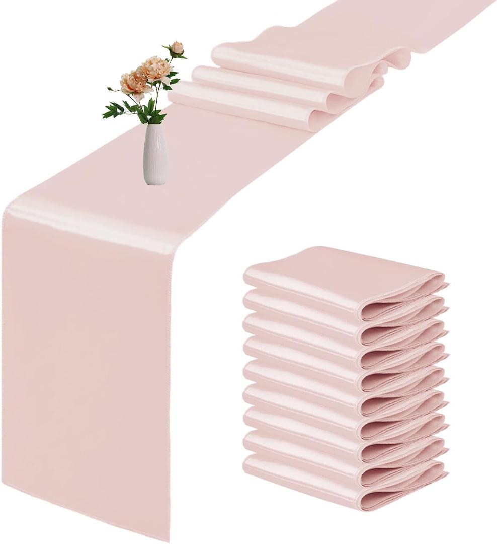 10 Pack Satin Table Runner 12 x 108 Inch Long Rose Gold Smooth Silk Fabric Table Runner for Birthday Parties Wedding Banquets Decorations.