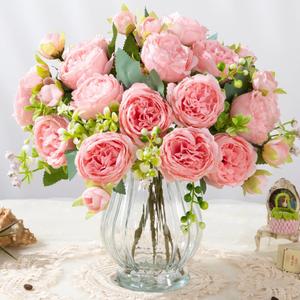 JARELING Artificial Peonies Silk Flowers Bouquet in Glass Vase Faux Flowers Bouquets Modern Penoy Arrangement for Home Decoration Table Centerpiece (Pink)