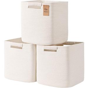 11 Inch Storage Cubes, 3 Pack Cube Storage Bins for Organizing, Cotton Rope Woven Baskets for Shelves, Bathroom, Kids Room, Closets, Baby Nursery