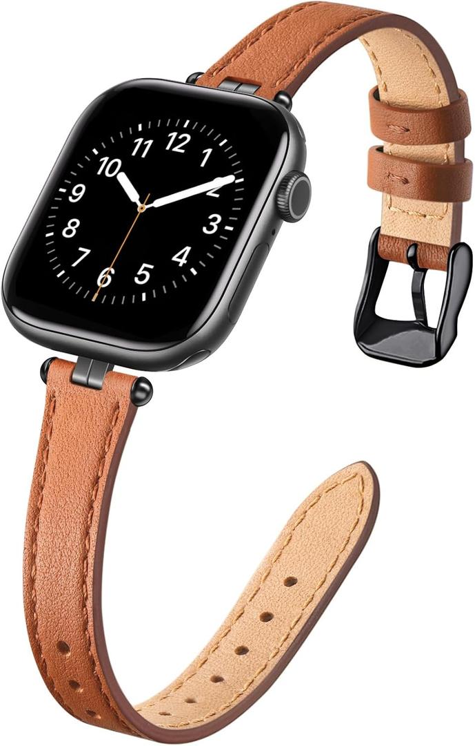 STIROLL Thin Leather Band Compatible with Apple Watch Bands 41mm 40mm 38mm 42mm(Series 11 10) Women, Stylish Top-Grain Leather Strap Slim Wristband for iWatch SE3/2/1 Series 9 8 7 6 5 4 3 2 1, Brown/Black