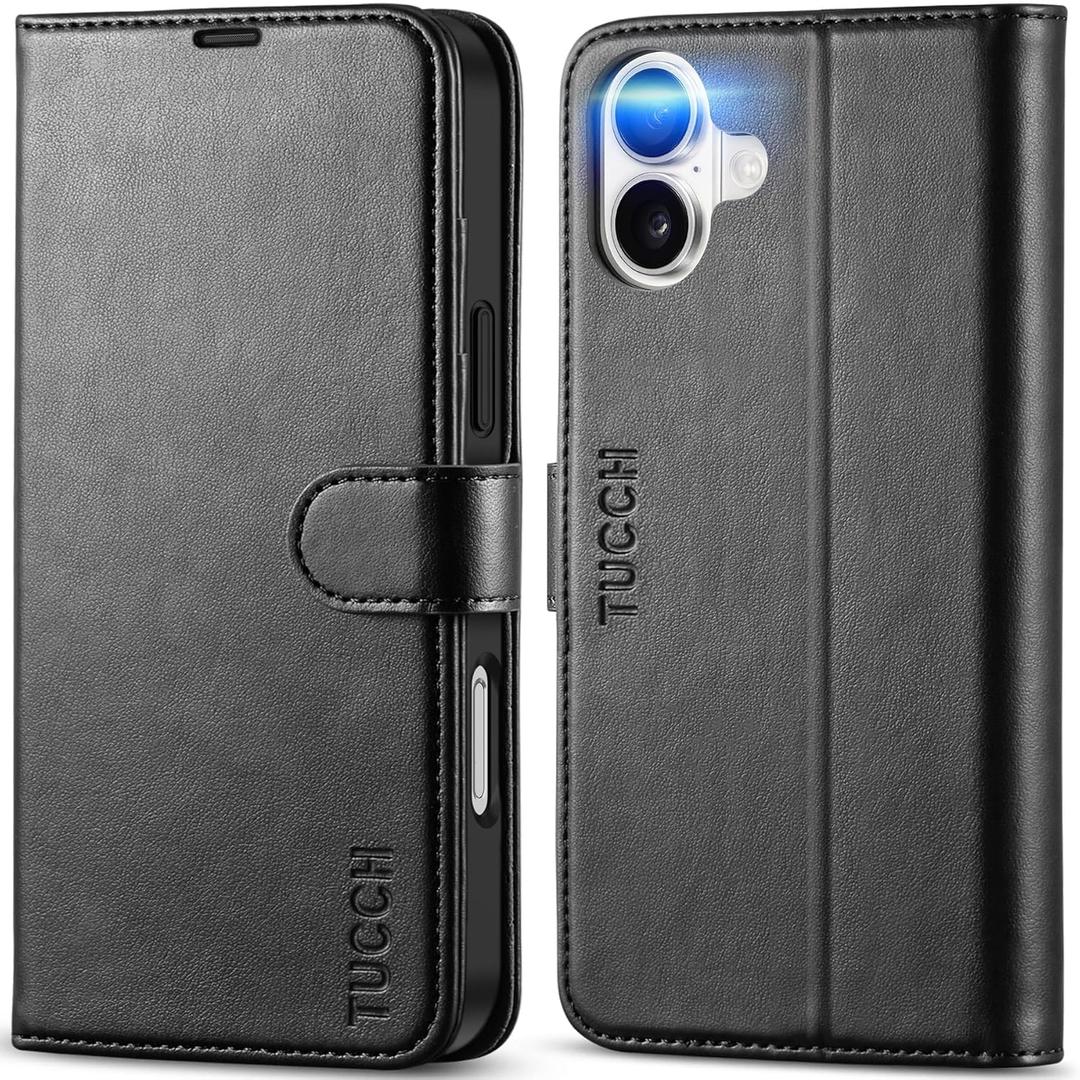 TUCCH Case Wallet for iPhone 16 Plus, RFID Blocking 4 Card Holder Kickstand [Shockproof TPU Interior Shell], PU Leather Magnetic Protective Flip Cover 6.7" 2024, Black