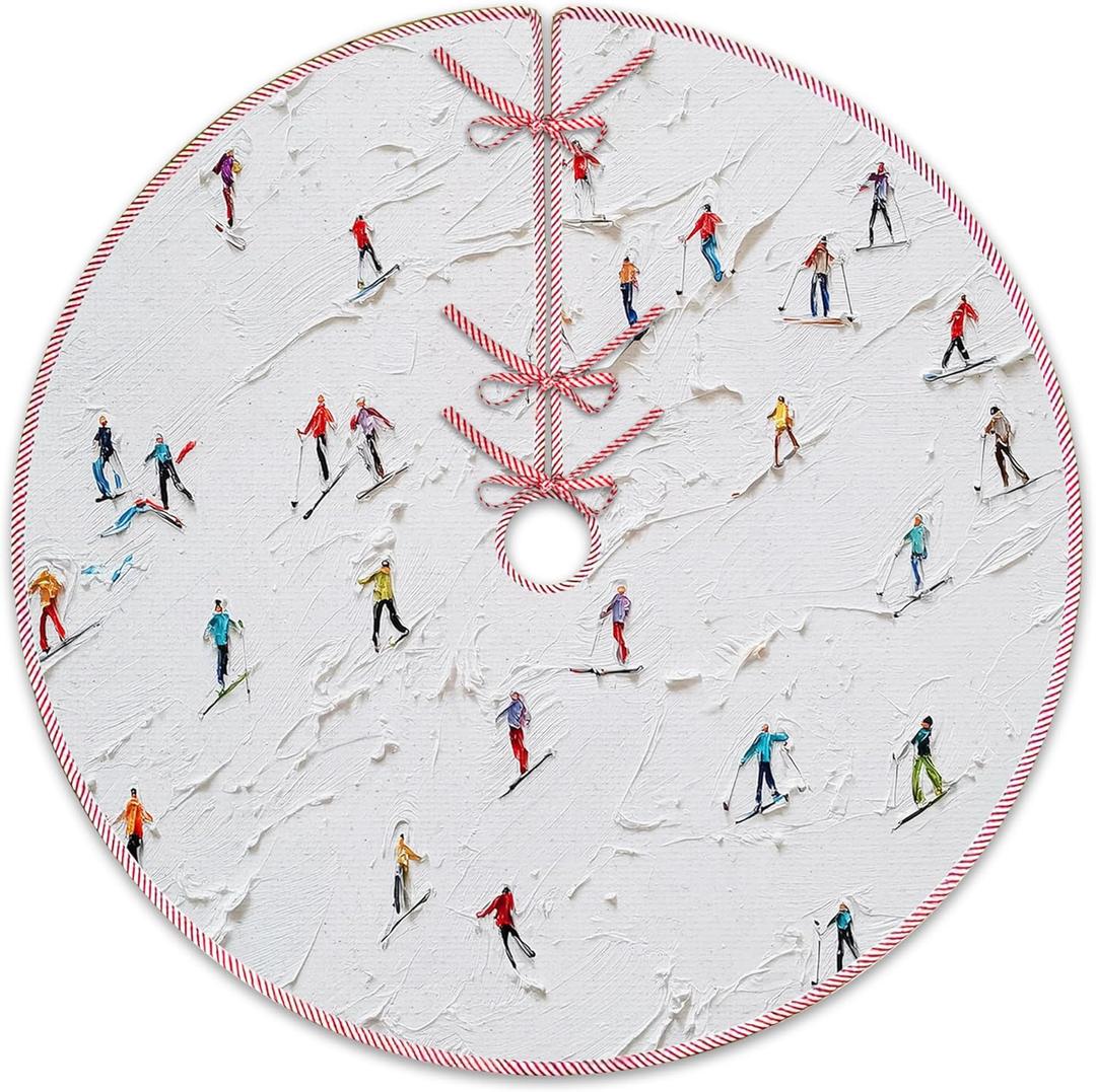 Winter Skiing Christmas Tree Skirt, Farmhouse Country Snowy Tree Skirt, Rustic Ski Xmas Tree Mat Ornaments for Winter New Year Home Party Holiday Indoor Decor, 36 Inch
