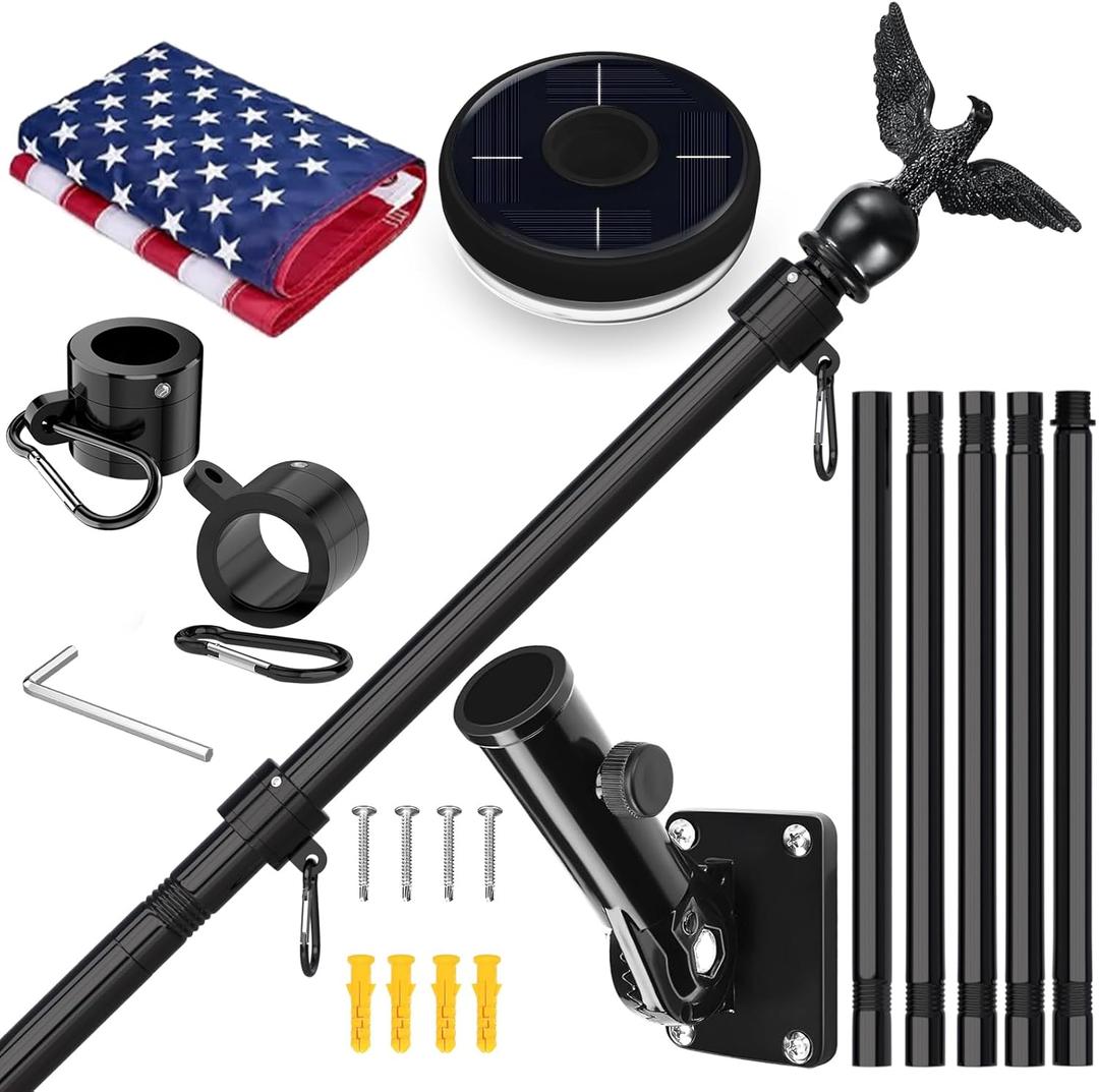 6FT Black Flag Pole Kit for Outside House with American Flag & Solar Light,1" Thickened Stainless Steel Wall Mount Flagpole with 180Adjustable Bracket for Residential Outdoor PorchPorch