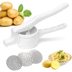 Potato Ricer and Masher with 3 Interchangeable Discs, Stainless Steel Discs, Large Capacity Potato Masher Kitchen Tool Labor-saving Handle Great for Baby Food and juices