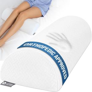 5 STARS UNITED Knee Pillow for Back Sleeping Memory Foam Cushion for Sciatica Pain Relief Under Leg Support for Sleeping on Back Half Moon Bolster for Bed, White
