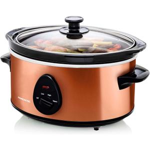 OVENTE Electric Slow Cooker with 3 Cooking Settings, Non-Stick and Dishwasher Safe Stoneware, Stainless Steel Body, Glass Lid, 3.7 Qt Oval Pot for Entrees, Soups, Sauces, Stews & Dips, Copper 